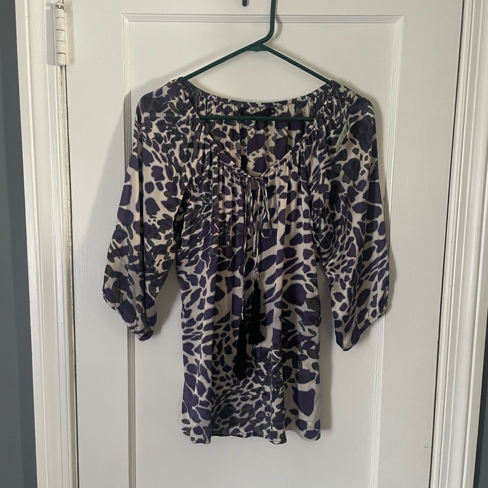 Akiko Womens Purple Leopard Print Peasant Blouse - Casual Boho Top Size Small
